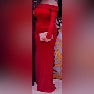Red Off-Shoulder Long Sleeve Evening Gown